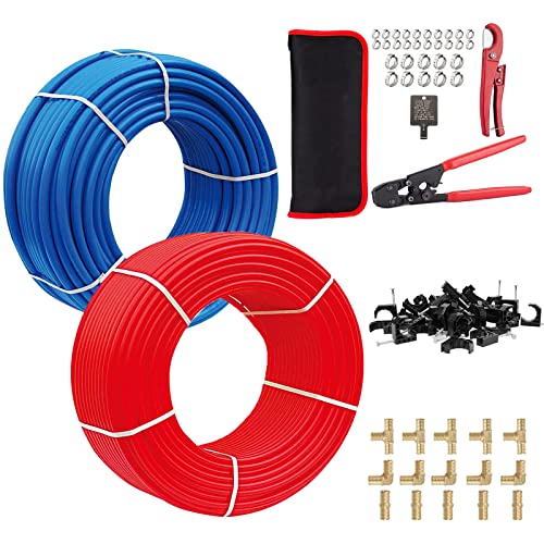 GUOFIS PEX Pipe/Tool Kit, 1/2 Inch 2 Rolls Blue & Red Each 100 Feet (200 ft) PEX Tubing Pipes with Brass Fittings, Crimping Tool, Cinch Clamps, Cutter, J-Clamps, for Plumbing Job(129)