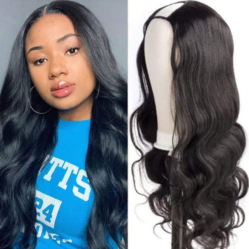 Abbily Hair 24 Inch Body Wave U Part Wigs for Black Women U part Wigs Human Human Hair 150% Density Natural Black Color (24 inch, u part wig)