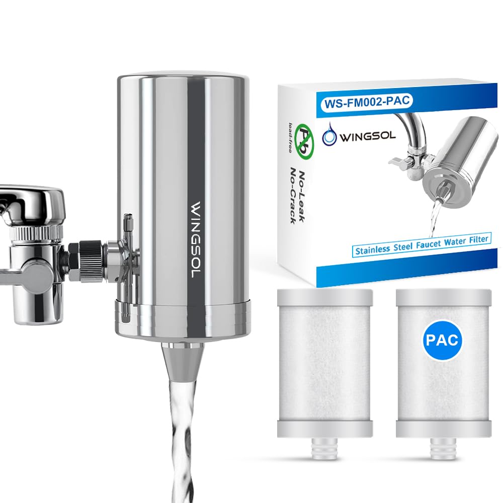 WINGSOL WINGSOL Stainless-Steel 360°Rotating Sink Water Filter,Carbon Block Water Filter for Sink Faucet, Reduces Chlorine, Heavy Metals and Bad Taste Faucet Water Filter, 2 Filter Cartridges Included