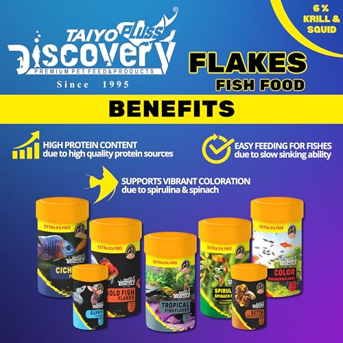 Image of Taiyo Pluss Discovery Betta Colour Mini Flakes Fish Food - 25 g (Pack of 1) | Premium Slow Sinking Diet for Fighter Fishes with Krill & Squid for Active Growth & Coloration