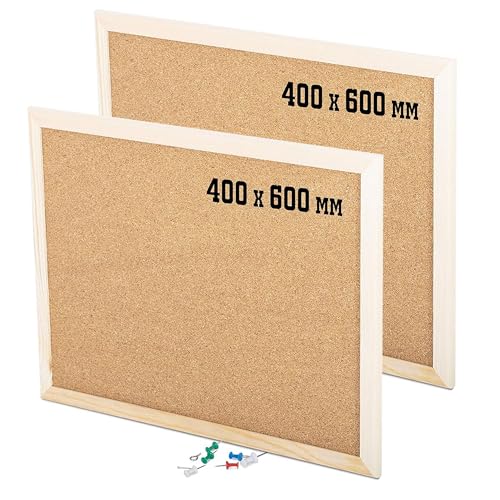 KAV - Cork Notice Office Memo School with 6 Push Pins Classic Wood Natural Frame Board, Brown (Various Sizes to Choose from) (400MM x 600MM (Pack of 2))