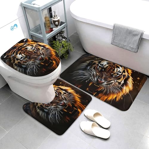 Dwrepo Ferocious Tiger Print Bathroom Rug Set 3 Piece with Non-Slip U-Shaped Contour Mat and Toilet Lid Cover for Bathroom Decoration