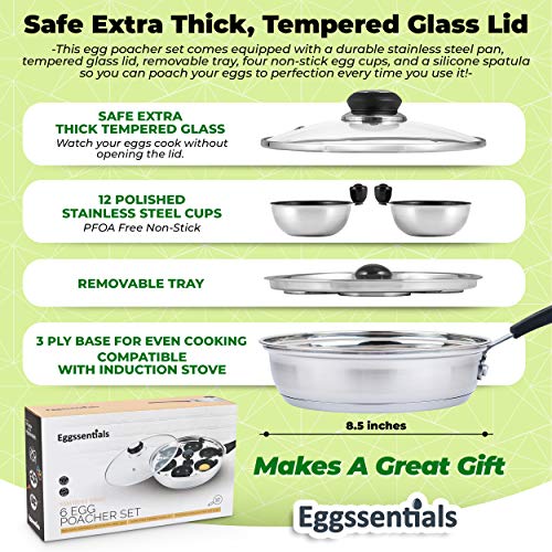 Eggssentials Poached Egg Maker - 6 Extra Nonstick Egg Poaching Cups - Stainless Steel Egg Poacher Food Grade Safe PFOA Free with Spatula
