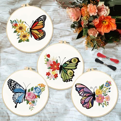 Image of INFUNLY 4 Sets Butterfly Embroidery Starter Kit for Beginners Flower Stamped Cross Stitch Kits with Instructions for Beginners Adults Include Embroidery Hoop Threads and Needles