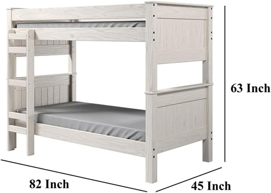 Pemberly Row Twin Over Twin Bunk Bed, Solid Brazilian Pine Wood, White Finish, Headboard and Footboard Ladder, Splits Into 2 Separate Beds, Fits Up to 9-Inch Mattress, Space-Saving Kids Bedroom