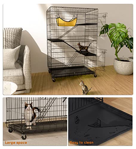 Collapsible Cat Cage, 48 Inch Height 4-Tier Metal Cat Kennel Ferret Enclosure Chinchilla Cage With 360° Rotating Casters/Ramp/Ladders/Hammock For Indoor Kitten #TOP4