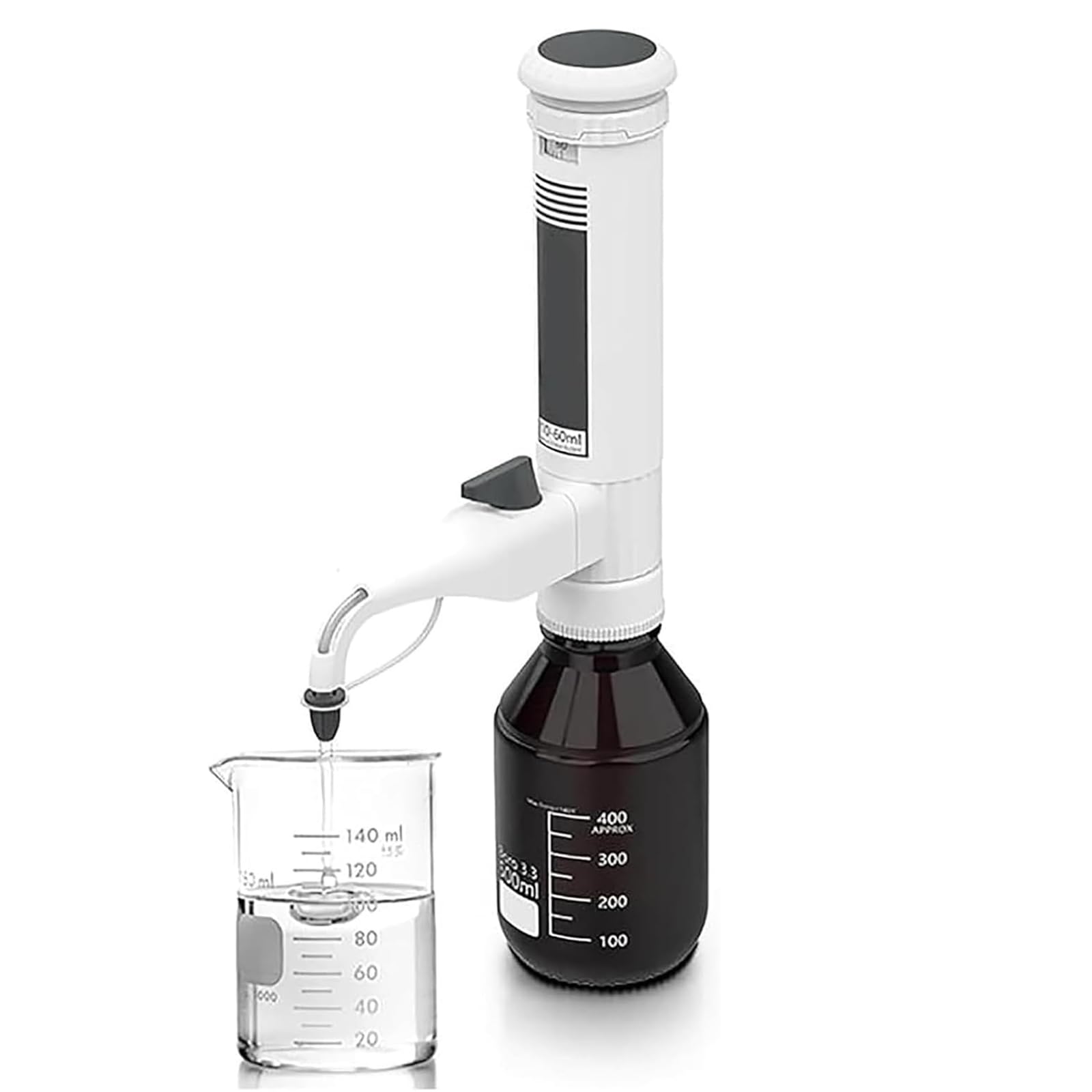 Regulowany dozownik do butelek 10-60 ml pipeta laboratoryjna z 5 adapterami, podwójne zawory, cyfrowe okienko, do użytku laboratoryjnego (bez butelki)