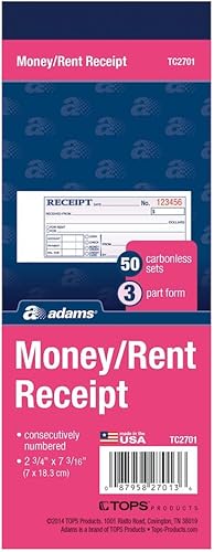 Miniatura 2 de Adams Libro de recibos de dineroalquiler, sin carbono, 3 partes, 2-34 x 7-316 pulgadas, 50 juegos por libro (TC2701)