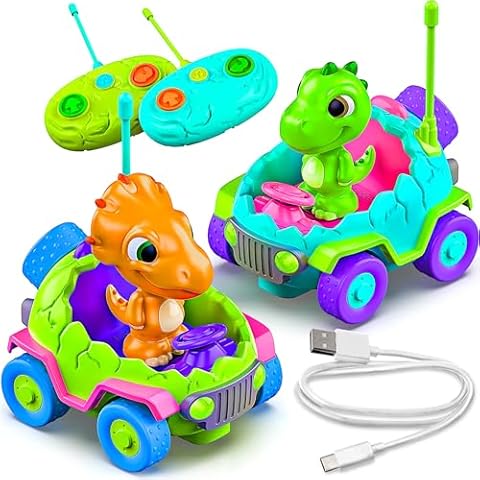 MindSprout Dino Chasers Set of 2 Rechargable Remote Control Car for Toddler, Kids Toys Age 2 3 4 5, Boys & Girls Birthday Gift, Dinosaur Toy 2-4, LED Lights & Music, Batteries Included Cover