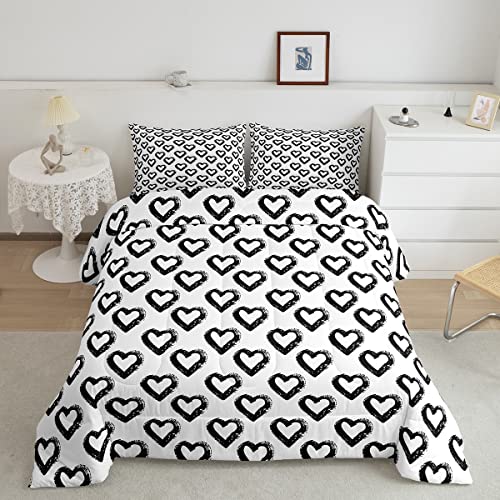 jejeloiu Heart Love Queen Size Bedding Set Boys Girls Geometry Love Pattern Comforter Set for Kids Ultra Soft Modern Comforter Black White Duvet Set Room Decor Quilt Set