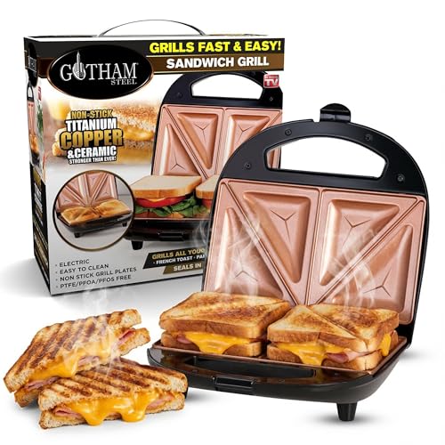 Gotham Steel Nonstick Panini Press Sandwich Maker, 2in1 Breakfast Sandwich Maker Grill / Sandwich Press Grill with Indicator Light, Grilled Cheese Maker Makes 2 Sandwiches with Easy Cut Edges