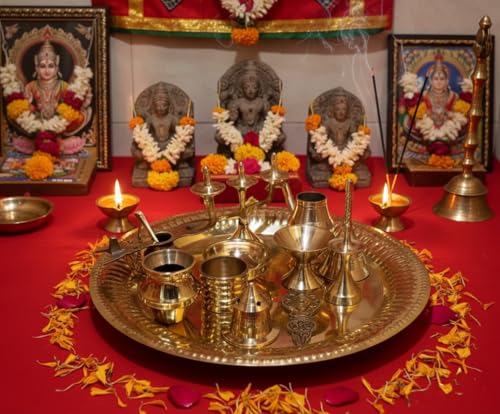 Image of Brass Ashtamangalya Pooja Set with Decorative Thali, Traditional Hindu Worship Kit, 10 inch, Gold (10 inch)