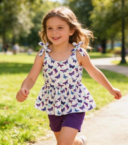 Image of Toddler Girls Clothes Summer Short Set Outfit Tie Knot Shoulder Sleeveless Ruffle Tops and Shorts 2PC Clothing Set