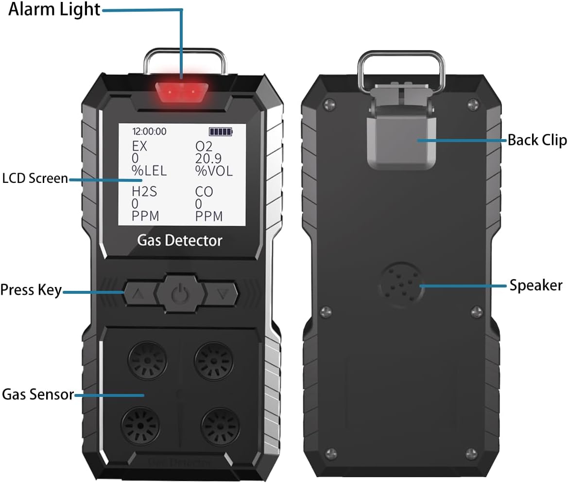 4 Gas Monitor, Continuous Detection of H2S, CO, LEL, O2 with Vibration, Sound & Light Alarms, Waterproof and Explosion-Proof, Portable Clip-On Design for Work Home, Long Battery Life