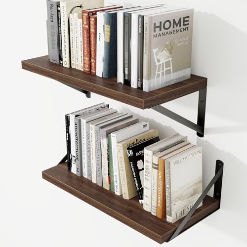 8" Deep Wall Shelves with Metal Brackets, 16" Wide, Walnut Finish, 2pcs