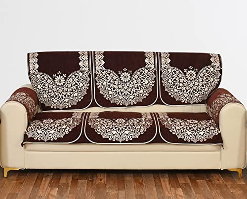 Image of 5 Seater Sofa Cover (3+1+1) with Arm Covers - Premium Stretch Fit, Soft & Durable Couch Protector Soft Fabric Sofa Slipcover (Coffee Brown)