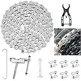 Fahrradkette 6/7/8 Fach Werkzeug Set: 1/2 x 3/32 Inch 116 Glieder Edelstahl Fahrradkettenschlossglied Set mit Kettenbrecher Fahrradgliedzange und 3 Paar Kettenschloss für Mountainbike