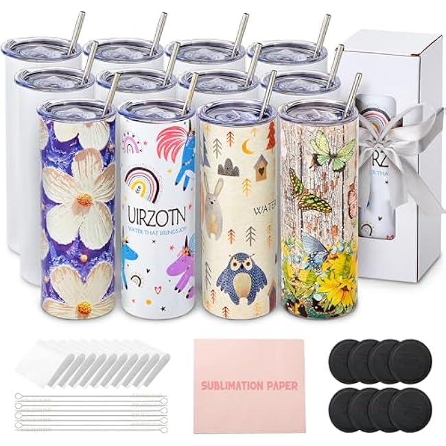 12 Pack 20oz Sublimation Tumbler Skinny Straight Bulk | Stainless Steel | Double-Walled Insulated | for Heat Transfer | Gift box