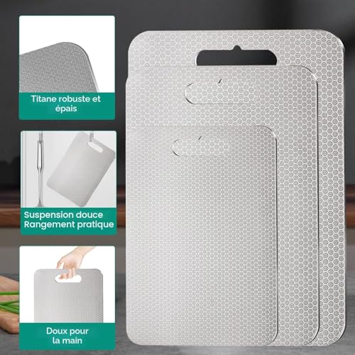 Lot de 3 planches de cuisine en titane 100% - Panche a Decouper en Titane, anti-rayures, double face, sans BPA - Choix hygiénique et durable pour la cuisine moderne – vue 8