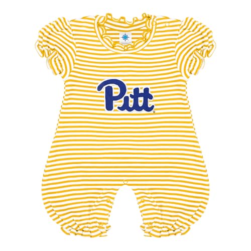 Creative Knitwear College Baby Striped Puff Sleeve Romper - Pitt Panthers Logo - Gold/White - 0-3 Months