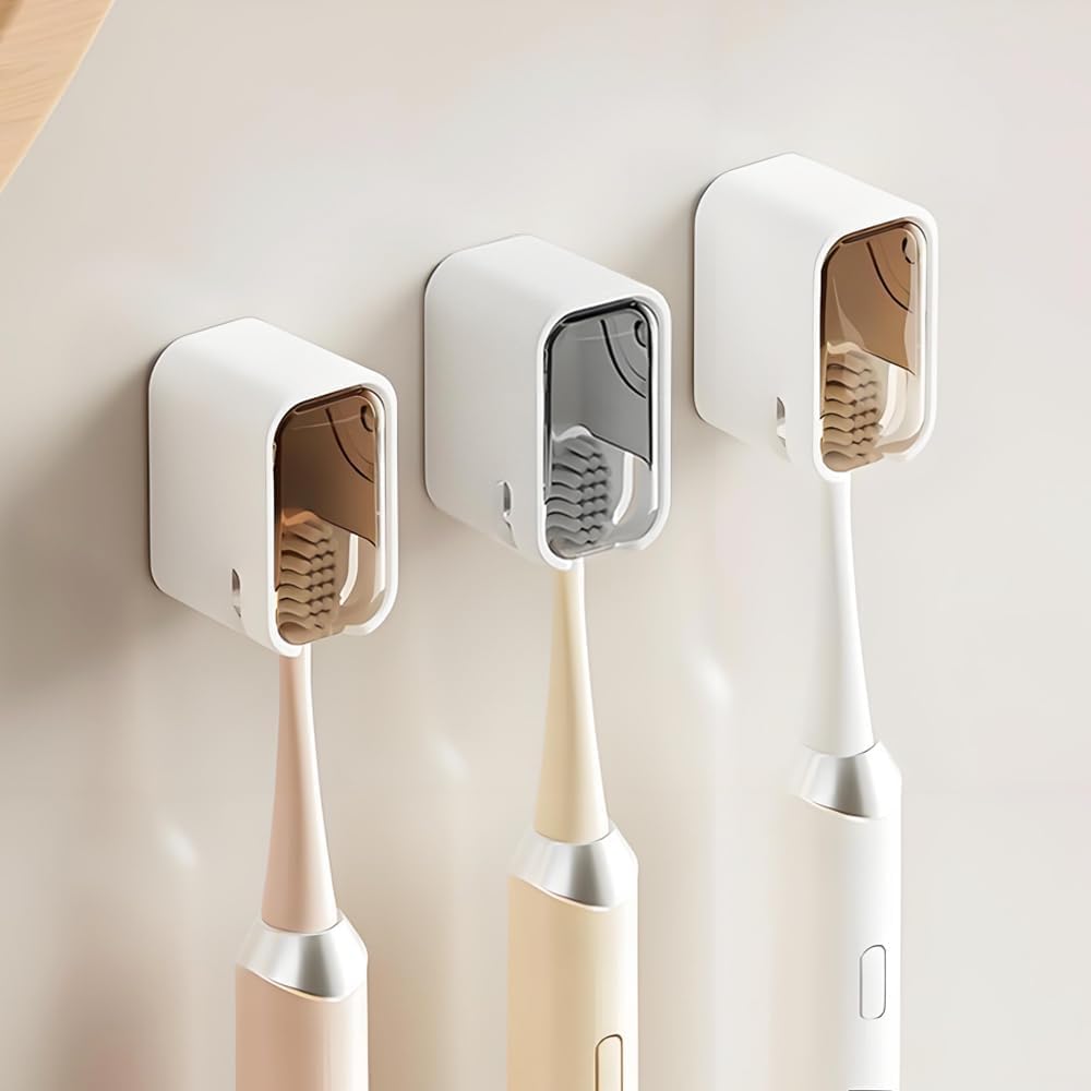 SANTUO 3 Pcs Wall Mounted Toothbrush Holder with Cover, Self Adhesive and Dustproof Hygienic Bristle Toothbrush Heads Organizer for Bathroom Kids Adults, Durable Plastic