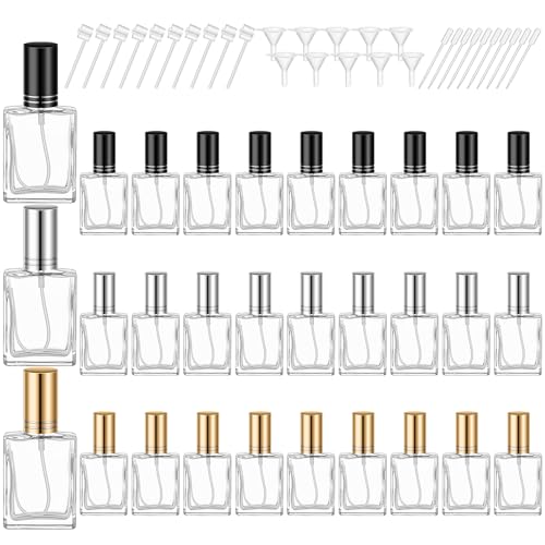 Domensi 30 Pcs 15 ml Glass Perfume Bottles Mini Glass Empty Spray Atomizer Bottles Bulk Refillable Perfume Dispenser Container with Pump Tool for Travel Cleaning Skin Care(Black, Gold, Silver)