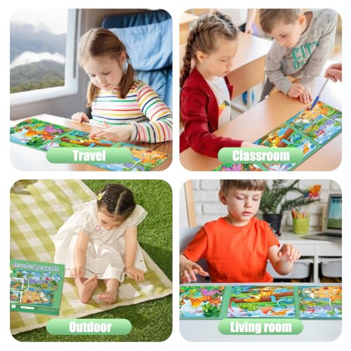 Image of Magnetic Puzzles for Toddlers 3-5 Dinosaur Puzzle Travel Toys for Kids | Jigsaw Puzzles for Kids 75-Pieces Travel Toys Dinosaur Puzzles Ages 4-6 Road Car Trip & Airplane
