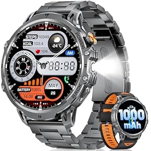 LIGE Smartwatch voor heren, 1000 mAh batterij/1,85 inch HD groot scherm/led-lamp, 100 sportmodi, IP68 waterdicht, fitnesshorloge met 24/7 hartslag, slaapmonitor voor Android iOS, metaal