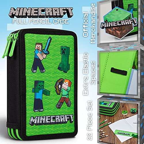 Minecraft Pencil Case for Kids School Supplies Filled Large Pencil Case Multiple Compartments Pencil Set Colouring Pencils for Children Boys Stationery Set Gifts