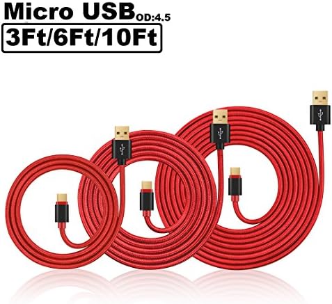 Pepiya 3Pack 3Ft/6Ft/10Ft Premium Braided Aluminum Gold Plated Micro USB 2.0 Charging Sync Data Cable Andriod Charger Cord for Samsung Galaxy S7 S6 Edge S5 S4 Note 4 5 LG HTC Huawei (Red)