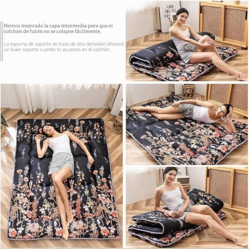 Miniatura 3 de Maxyoyo Colchón De Suelo Japonés, Colchón De Futón, Tapete De Tatami Grueso, Almohadilla De Dormir Plegable, Almohadilla De Colchón Para Dormitorio, Almohada Para Cama Floral Negro, Individual