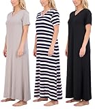 3 Pack: Womens Short Sleeve Maxi Crew V-Neck Nightgown Long Soft Nightshirt Women Night Gowns Nightdress Sleep Lounge House Dress Sleepwear Pajama Tops PJs Sexy Sleeping Ladies PJ Floor - Set 2, M