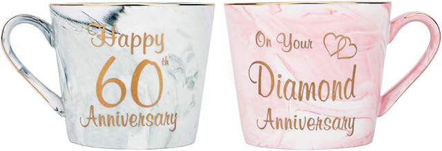 Happy Homewares Beautifully Designed 60th Anniversary Grey and Pink Marble 12oz Ceramic Mugs with Golden Metal Trim