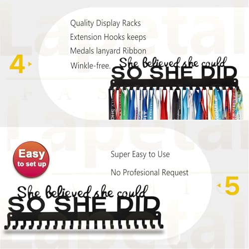 Lapetale Fashion Sports Medal Hanger Display Holder Hook Rack for 60 Medals – She Believed She Could So She Did (16\" Wide with 20 Hooks) - Black- Awesome Gifts - Thumbnail 4