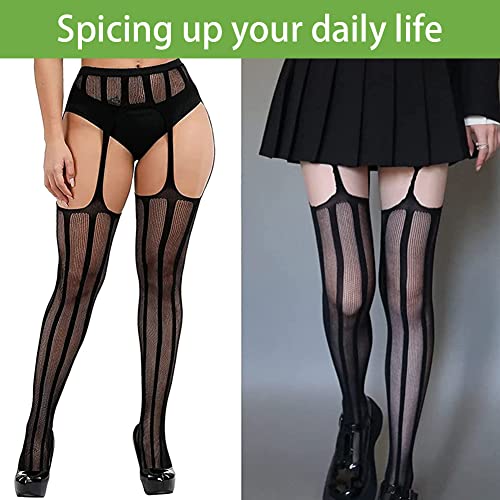 Image of Women's High Waist Fishnet Tights Suspenders Pantyhose Thigh High Stockings Black