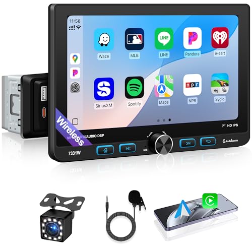 7 Inch Single Din Car Stereo Wireless Apple CarPlay & Android Auto, Detachable Rotatable HD Touchscreen Radio with Bluetooth 5.2, FM AM RDS, USB Type-C, MP5 Player, Backup Camera Input, 4×25W