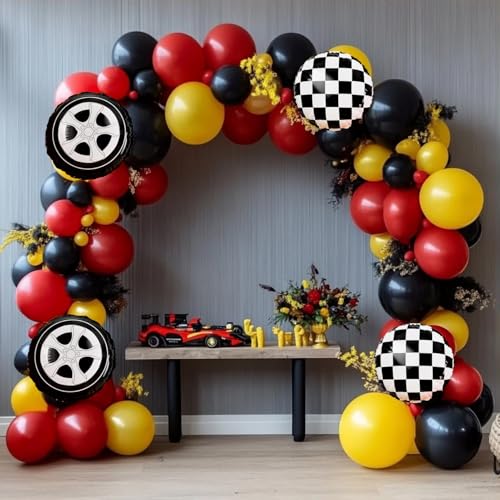 Race Car Balloon Garland Arch Kit 157Pcs Red Black Yellow Checkered Wheel Balloons for Race Car Birthday Party One Two Fast Decorations — view 6