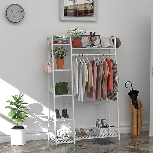 Wtz Clothes Rack, Bamboo Garment Rack With Shelves, Clothing Rack For Hanging Clothes, Freestanding Closet Organizer For Living Room Bedroom Entryway Bathroom Office, Cr-538 White #TOP6