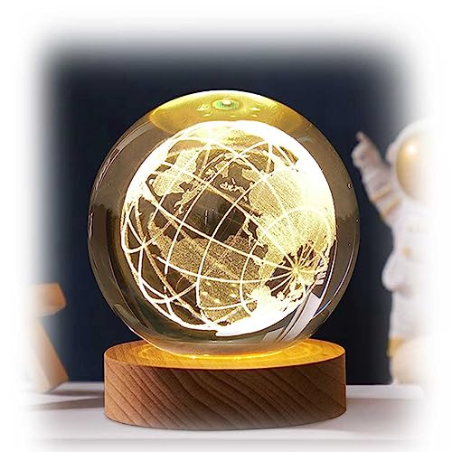 Luminária Bola Esfera Cristal De Mesa Planeta Terra Galáxia Sistema Solar LED Base Madeira Enfeite D