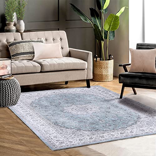Caromio Area Rug For Living Room, Machine Washable Rug Persian Vintage Area Rug Stain Resistant Low-Pile Non-Slip Distressed Rug For Bedroom Kitchen, 4' X 6' Blue #TOP2