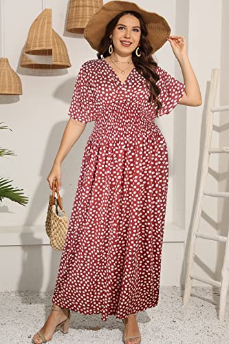 Image of OSTOO Women's Plus Size Hawaii Empire Waist Bat Short Sleeve Casual Floral Print Boho Maxi Dress