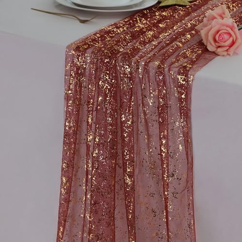 Snowkingdom Burgundy Gold Gauze Table Runner 10 Ft, Glitter Sheer Metallic Foil Sparkly Table Decor Centerpiece for Wedding, Party, Bridal Shower, Banquet, Elegant Dinner Anniversary Holiday Birthday