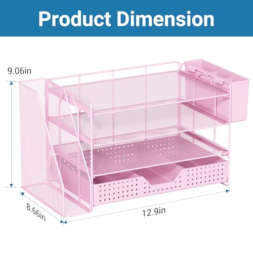 ECOLOVI Desk Organizer, 4-Tier Paper Organizer Letter Tray with File Holder, Drawer and 2 Pen Holders, Desktop File Organizer for Office Supplies, Workspace Storage, Pink - Image 3