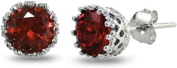 Sterling Silver Genuine, Created or Simulated Birthstone Gemstone Crown Stud Earrings, Metal, Garnet