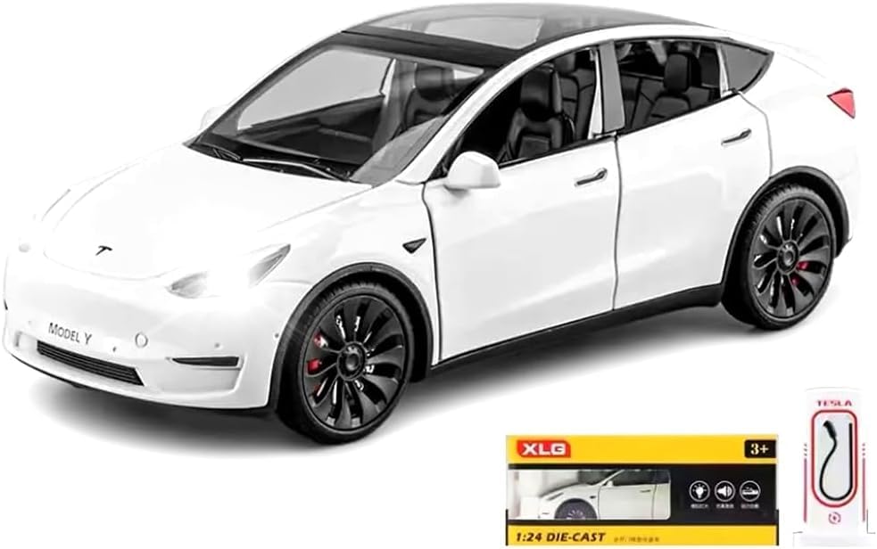 ARNIYAVALA 1:24 Scale Model Y Alloy Car Model Diecast Toy Vehicles for Kids, Tesla car Model，Pull Back Alloy Car with Lights and Music，Gifts for Adults and Children (White)-image-2