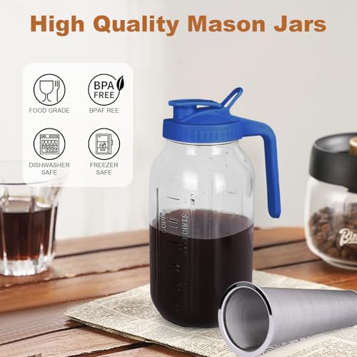Cold Brew Coffee Maker,64 oz Mason Jar Pitcher with Stainless Steel Filter, Pour Spout Handle Lid, Heavy Duty Glass Airtight & Leak-Proof for Iced Coffee Tea & Lemonade -Blue by QHH - Image 3