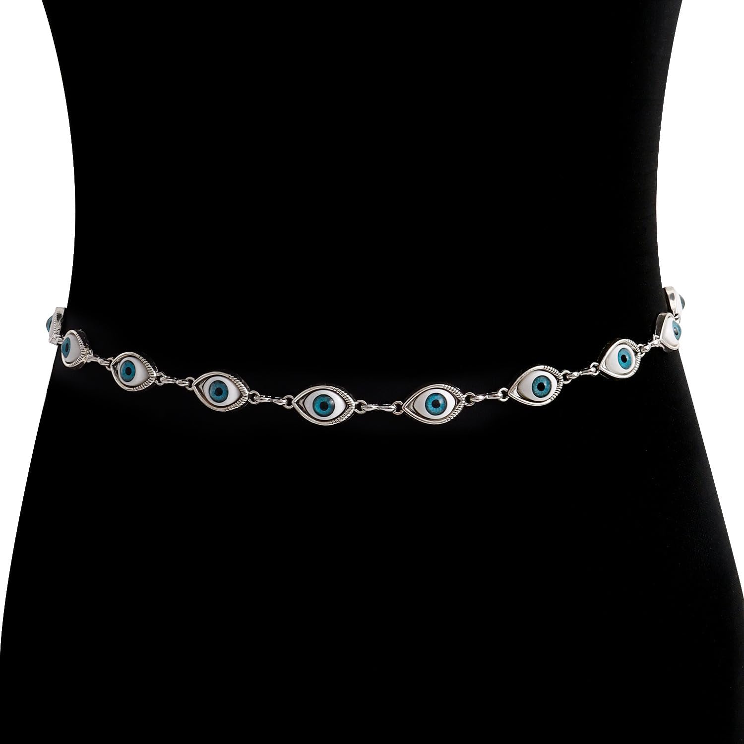 Evil Eyes Waist Chain Belt for Women,Silver Rivet Chain Belts for Dresses Jeans Adjustable Punk Body Jewelry Outfit Accessories