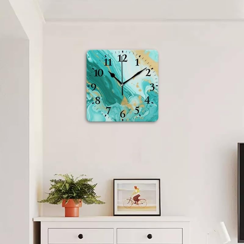 Battery Operated Wall Clocks Abstract Teal and Gold Marble Pattern Silent Non-Ticking Decor Clock with Photo for Bathroom,Office(12inch)