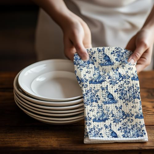 Image of Chinoiserie Corgi Dog Kitchen Towels, Gifts for Corgi Lovers Dish Tea Towels for Kitchen Decor, Grandmillennial Toile de Jouy Dog Decorative Hand Towels for Bathroom, 16x24 Inch