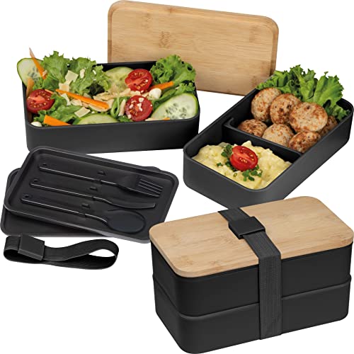 StillRich® 2-Stöckige Bento Lunchbox mit Bambusdeckel und Besteck - Premium-Japanische Luftdichte Lunchbox mit Verschlussriemen - Plastik-Tiffin-Lunchbox für Erwachsene und Kinder Cover